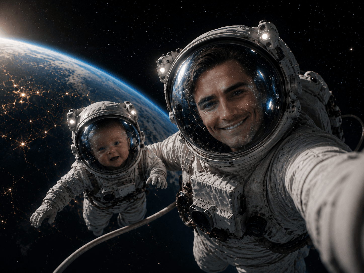 Henrik Ståhle and a baby, both in spacesuits, floating above Earth. Generated, not photographed.